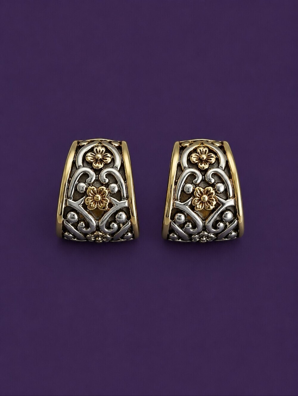 VTG MJ Floral Two-tone Dome Half Hoop Post Earrings